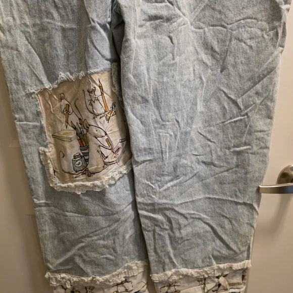 Light Wash Denim Overalls with Whimsical Patch Art - Picture 8 of 8